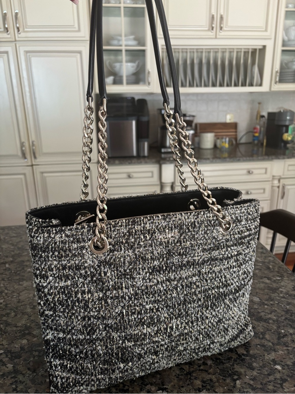Kate Spade Natalia Black & White Tweed Chain-Handle Tote Bag